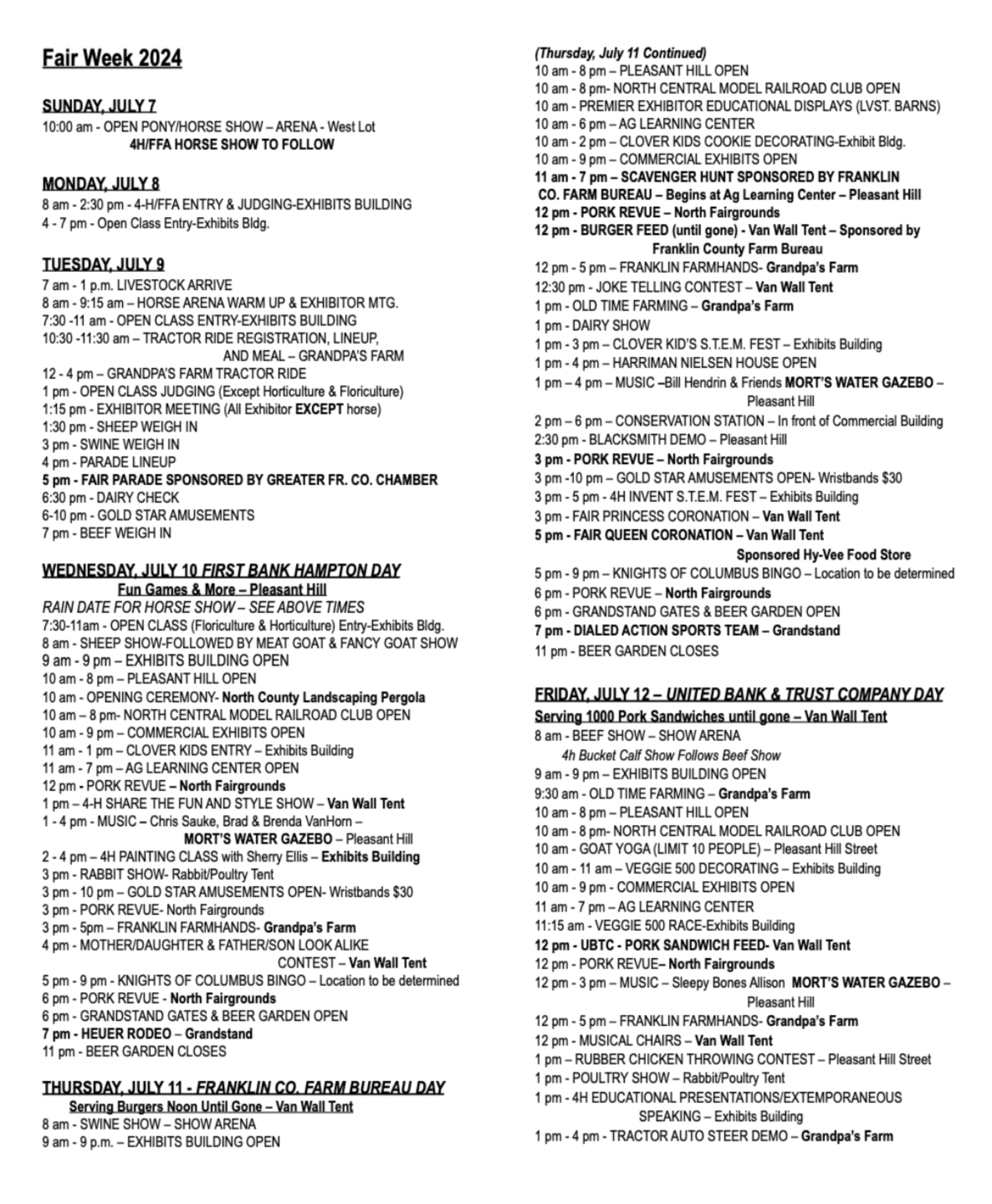 Fair Schedule The 2024 Franklin County Fair